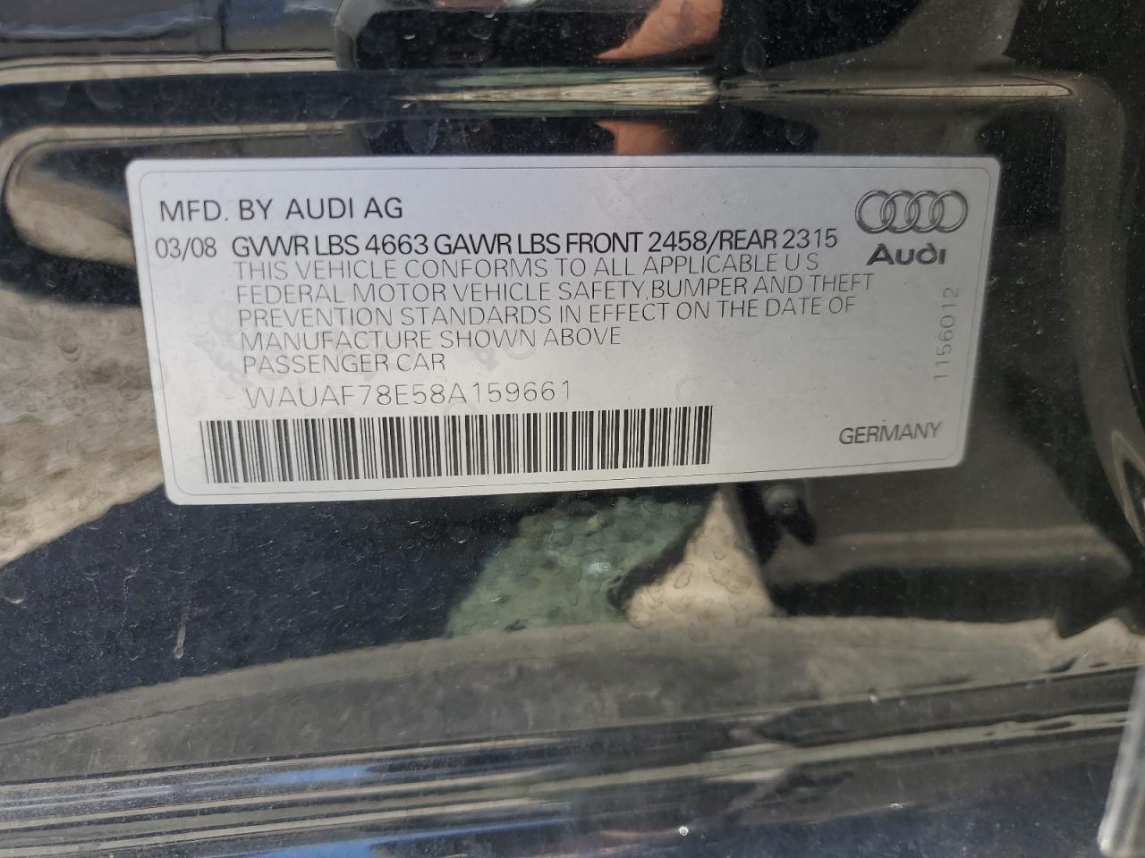 2008 Audi A4 2.0T VIN: WAUAF78E58A159661 Lot: 61766864