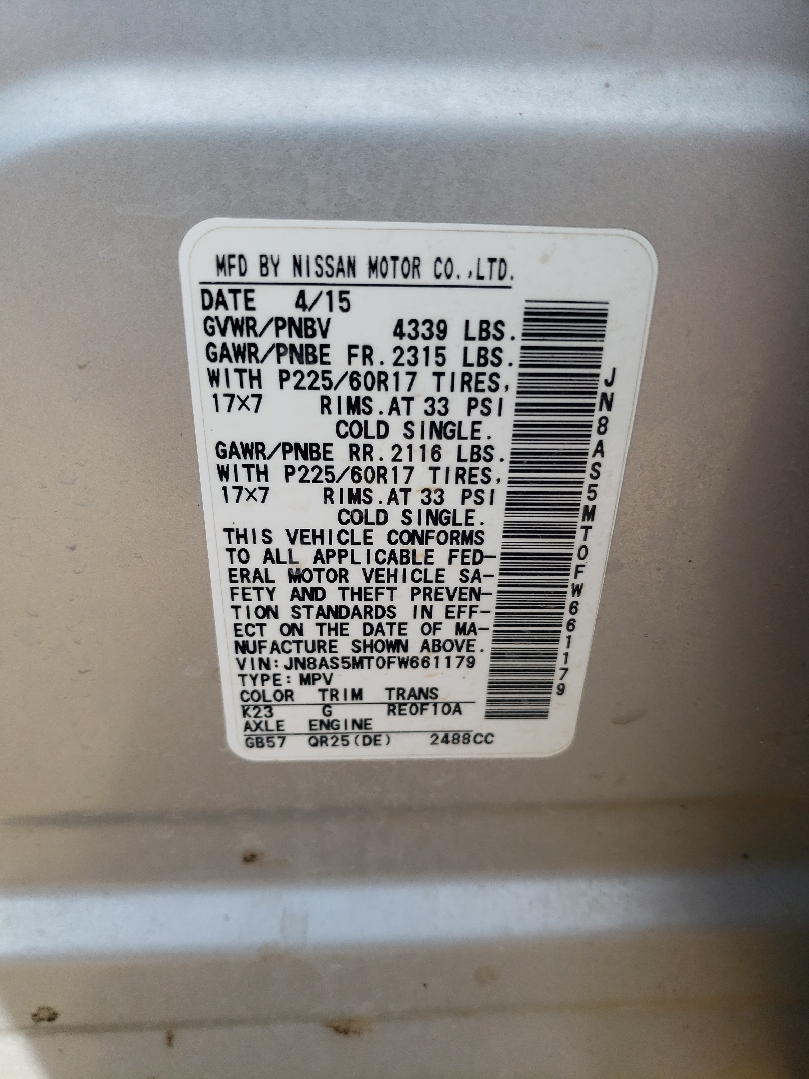 JN8AS5MT0FW661179 2015 Nissan Rogue Select S