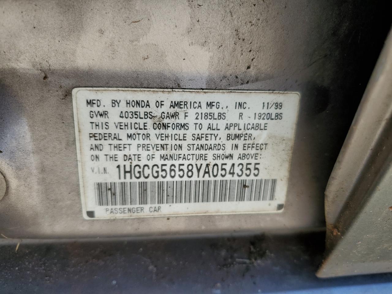 2000 Honda Accord Ex VIN: 1HGCG5658YA054355 Lot: 62746394