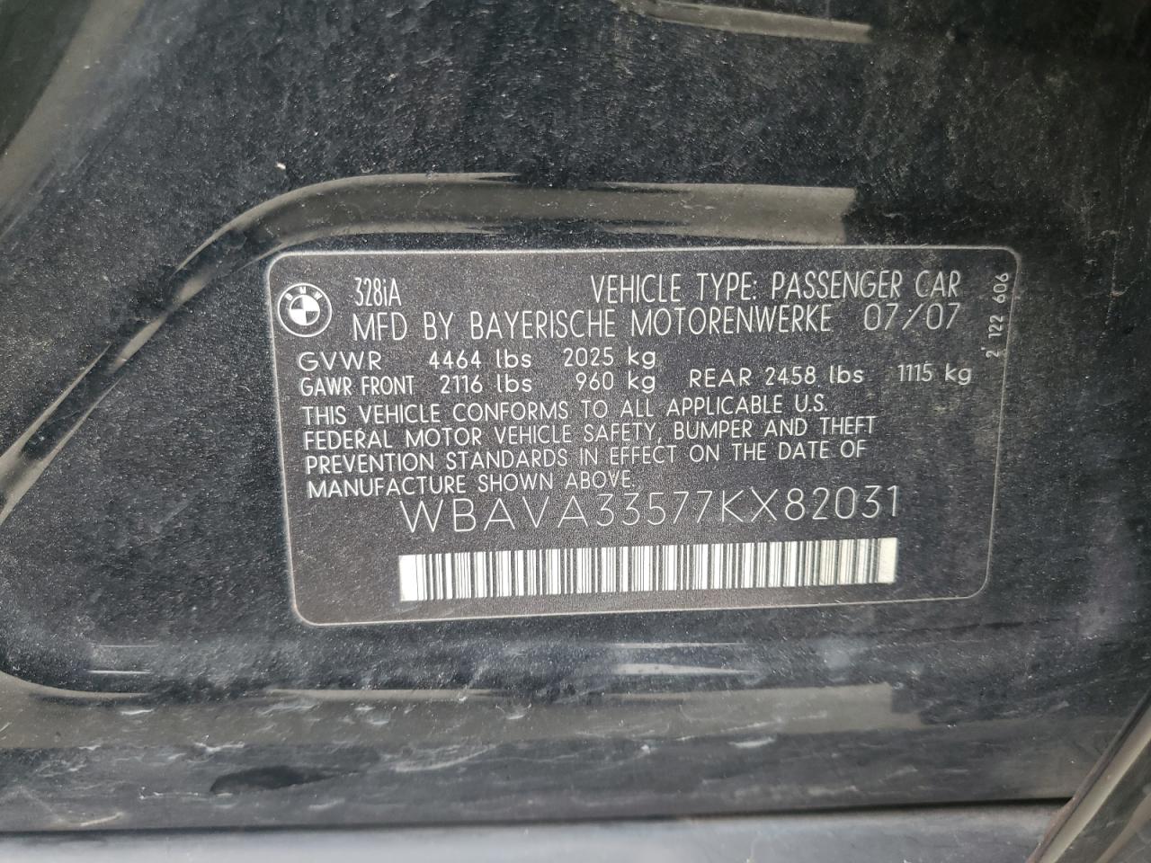 2007 BMW 328 I VIN: WBAVA33577KX82031 Lot: 62307424