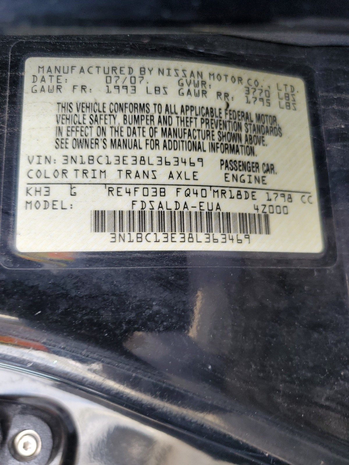 3N1BC13E38L363469 2008 Nissan Versa S
