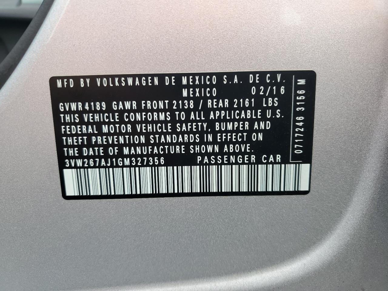 2016 Volkswagen Jetta S VIN: 3VW267AJ1GM327356 Lot: 64344664