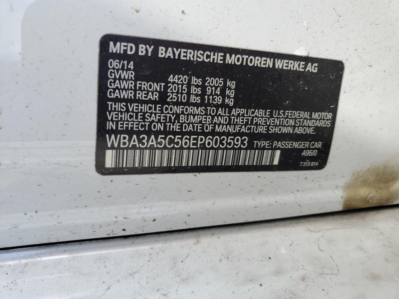 2014 BMW 328 I VIN: WBA3A5C56EP603593 Lot: 64690254