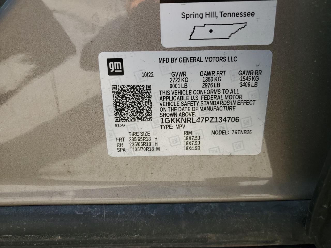 1GKKNRL47PZ134706 2023 GMC Acadia Sle