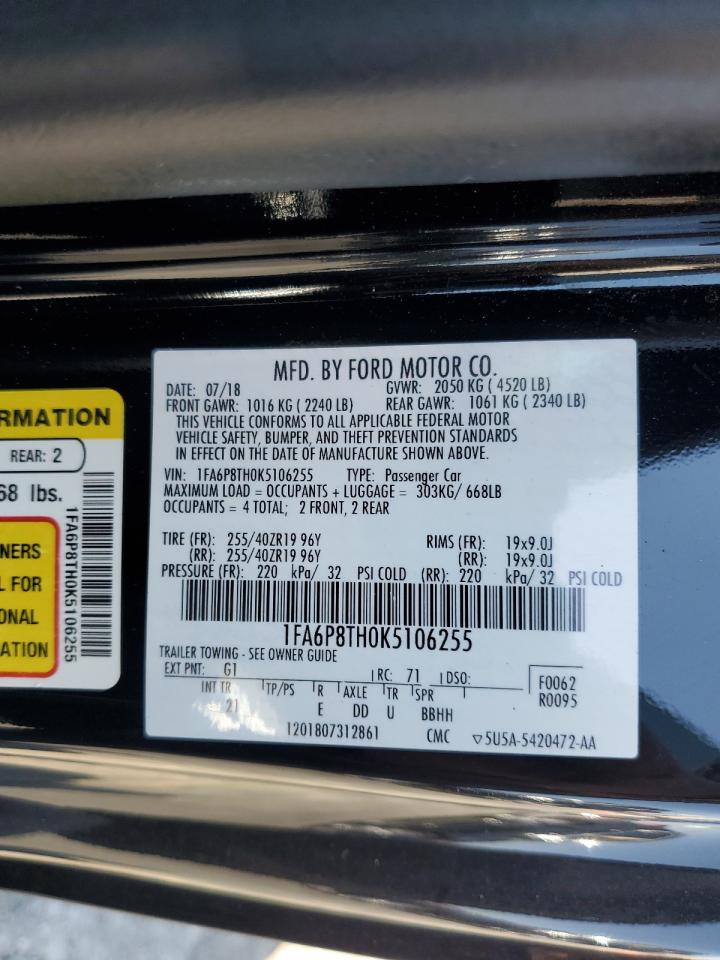 2019 Ford Mustang VIN: 1FA6P8TH0K5106255 Lot: 62264414