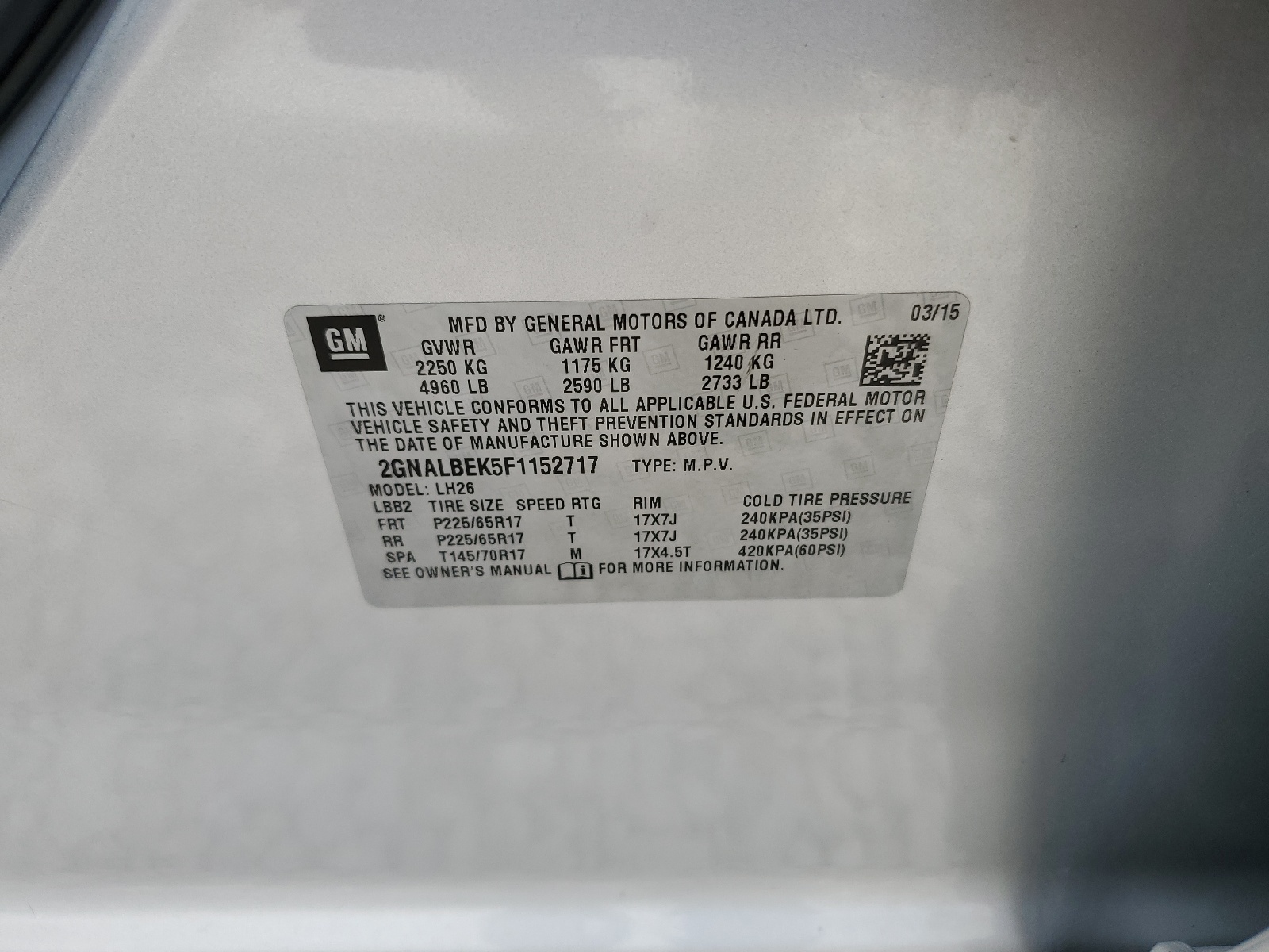 2GNALBEK5F1152717 2015 Chevrolet Equinox Lt