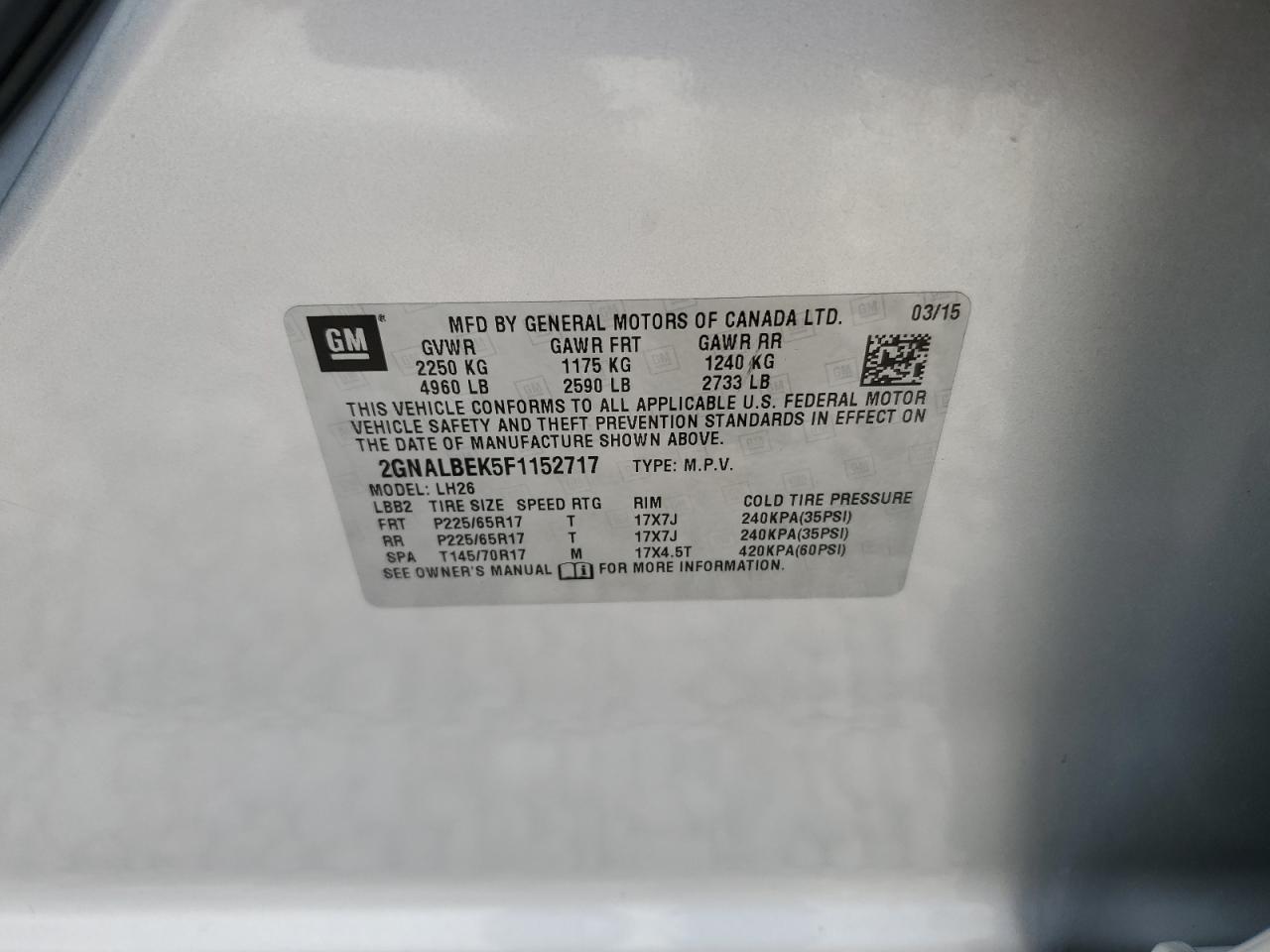 2015 Chevrolet Equinox Lt VIN: 2GNALBEK5F1152717 Lot: 61085654