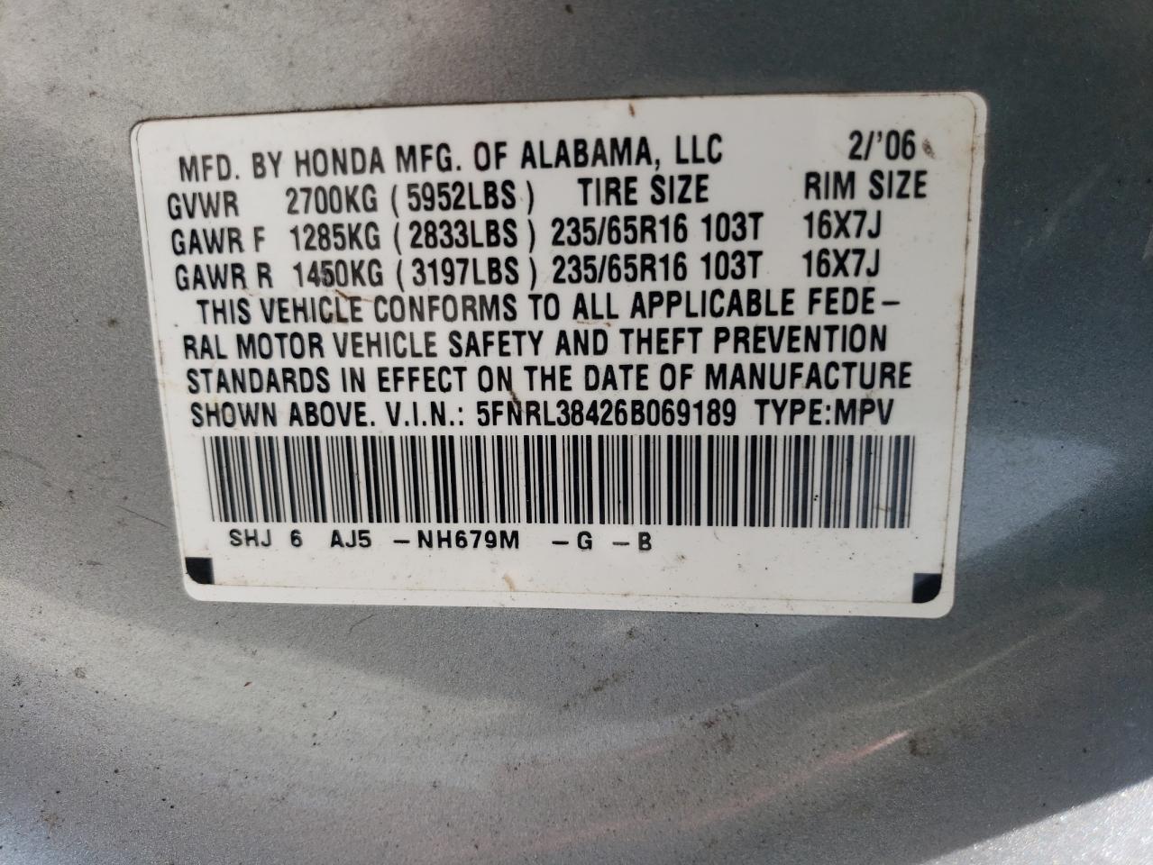 5FNRL38426B069189 2006 Honda Odyssey Ex