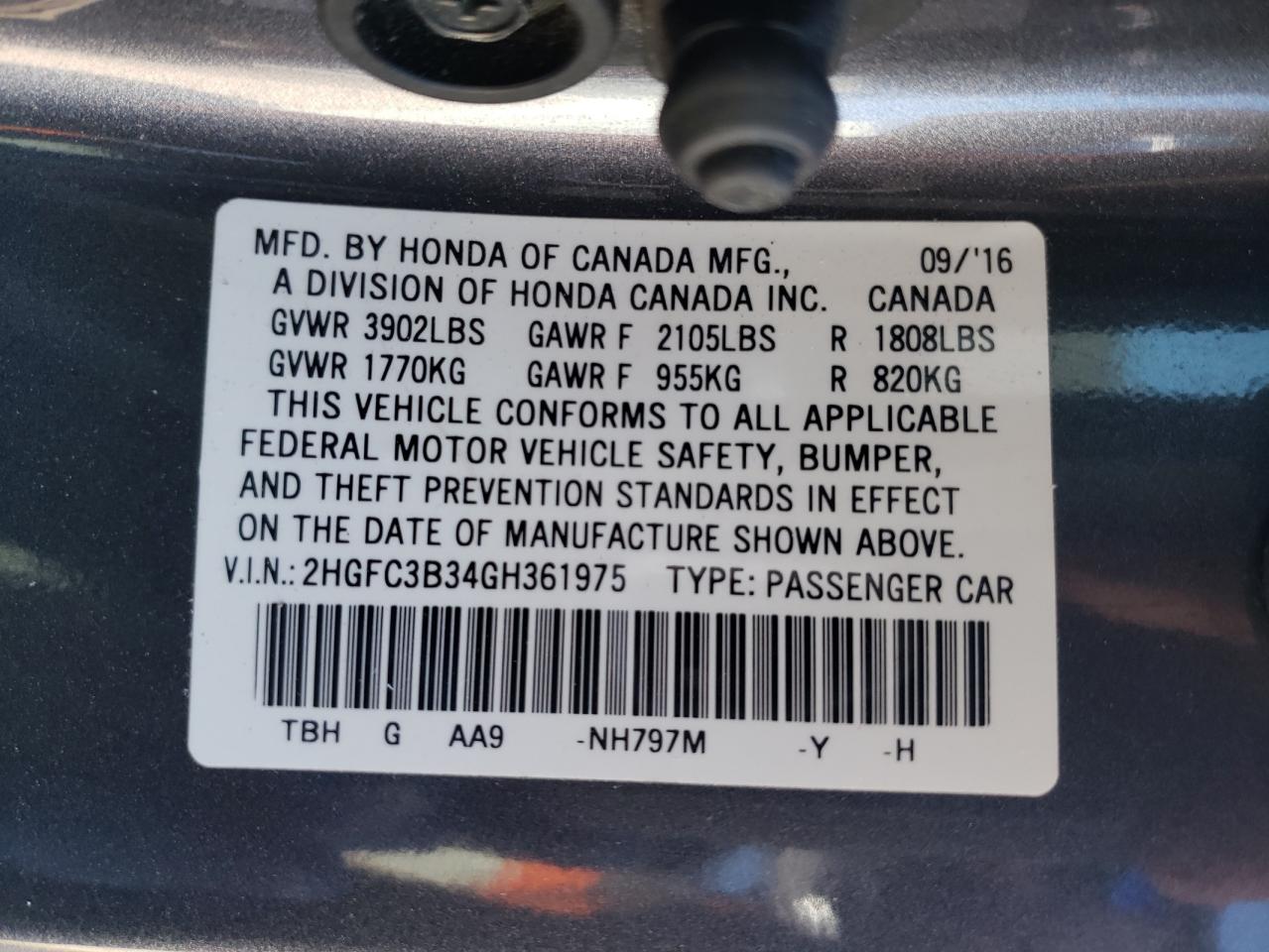 2HGFC3B34GH361975 2016 Honda Civic Ex