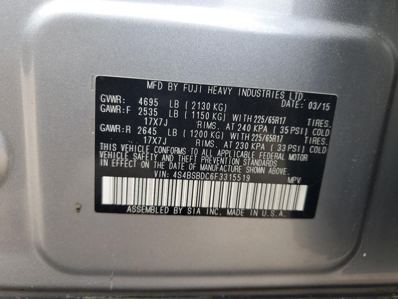 2015 Subaru Outback 2.5I Premium VIN: 4S4BSBDC6F3315519 Lot: 63424384