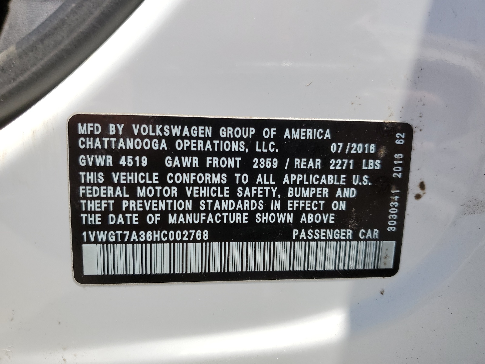 1VWGT7A36HC002768 2017 Volkswagen Passat Se