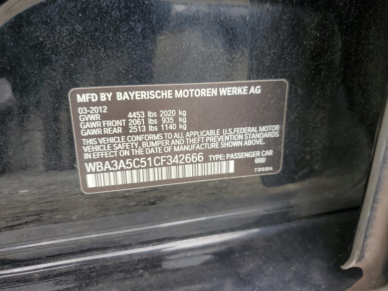 2012 BMW 328 I VIN: WBA3A5C51CF342666 Lot: 64814454