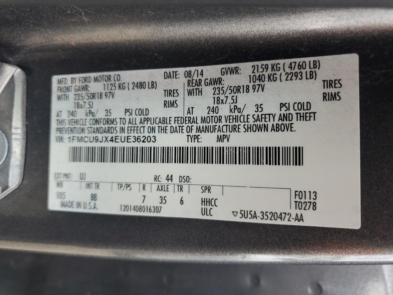 2014 Ford Escape Titanium VIN: 1FMCU9JX4EUE36203 Lot: 62827594