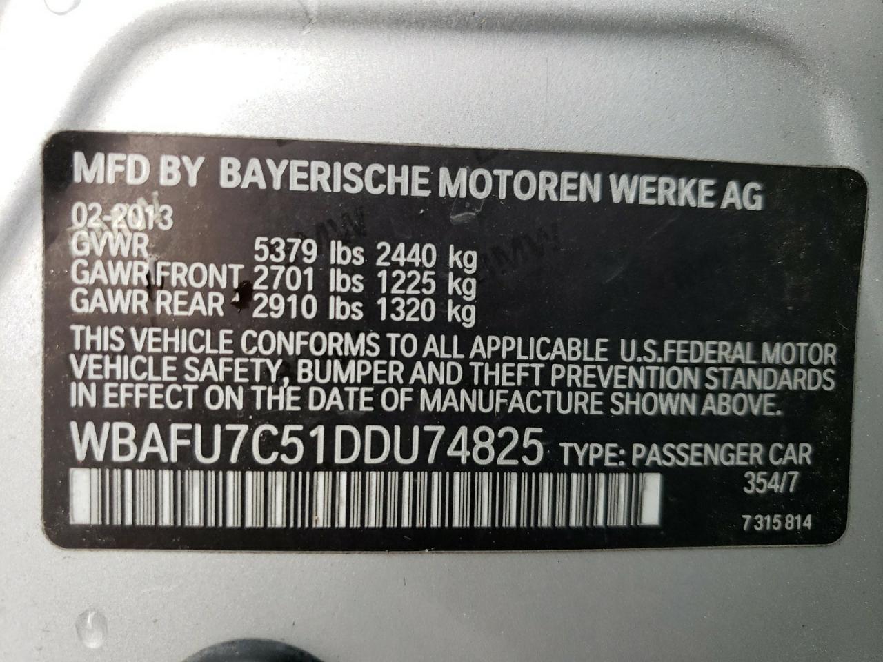 2013 BMW 535 Xi VIN: WBAFU7C51DDU74825 Lot: 63390424