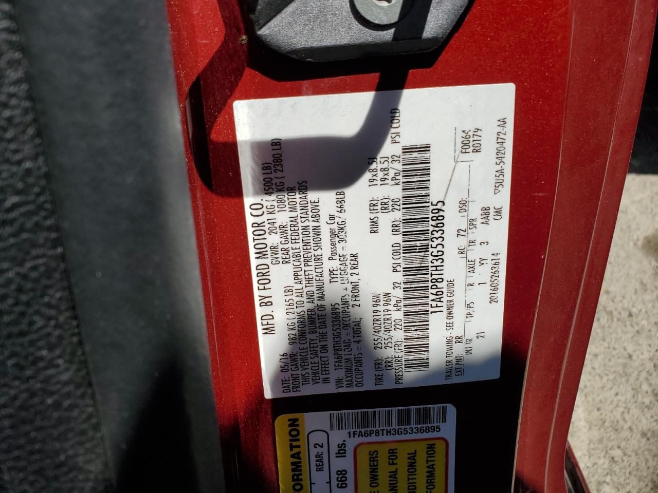 2016 Ford Mustang VIN: 1FA6P8TH3G5336895 Lot: 63548554