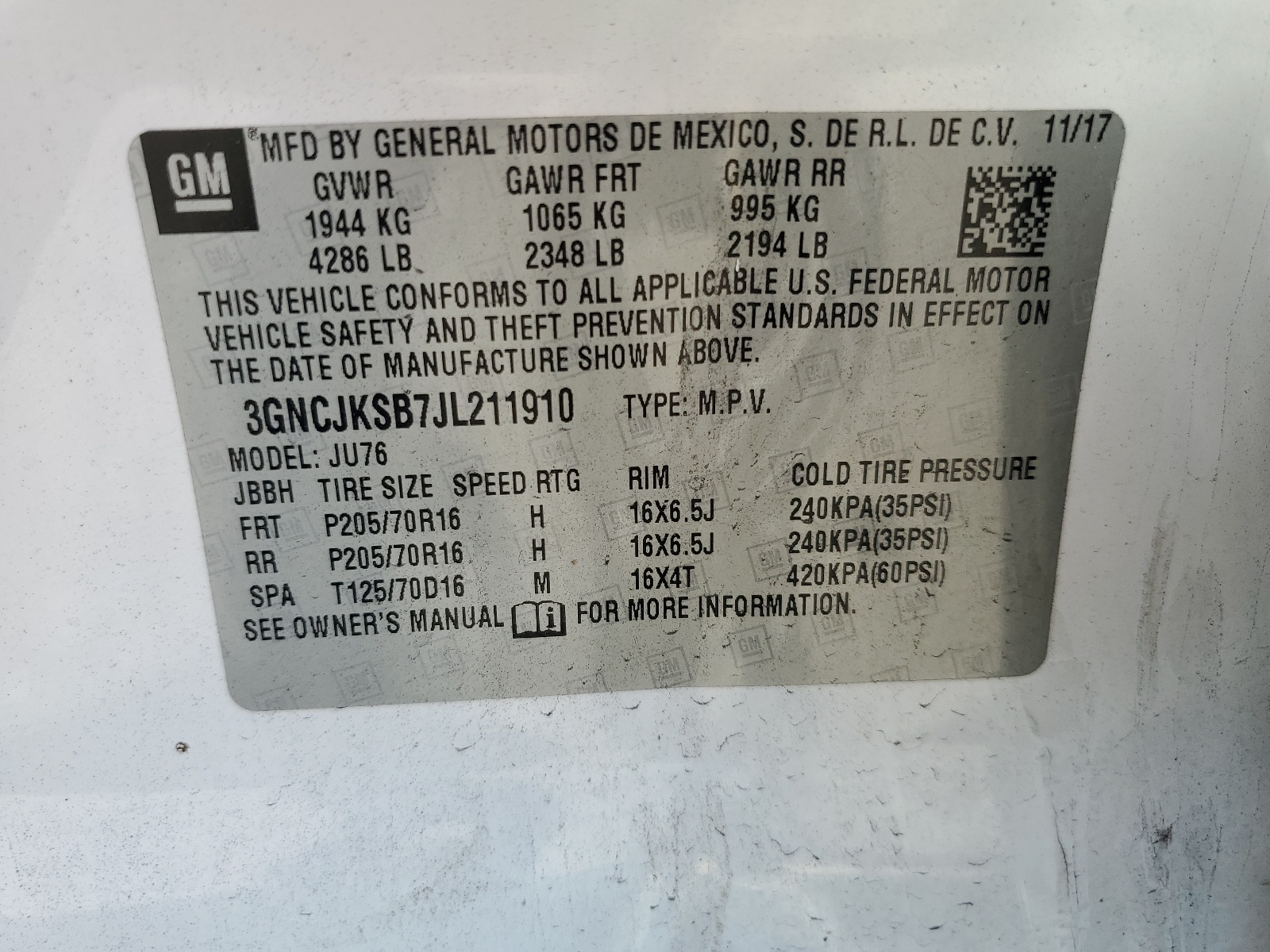 3GNCJKSB7JL211910 2018 Chevrolet Trax Ls