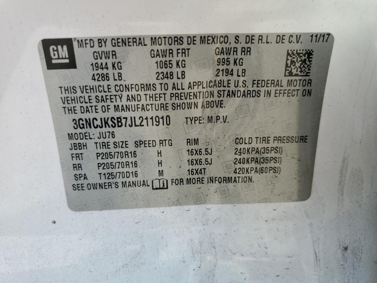 2018 Chevrolet Trax Ls VIN: 3GNCJKSB7JL211910 Lot: 64216434