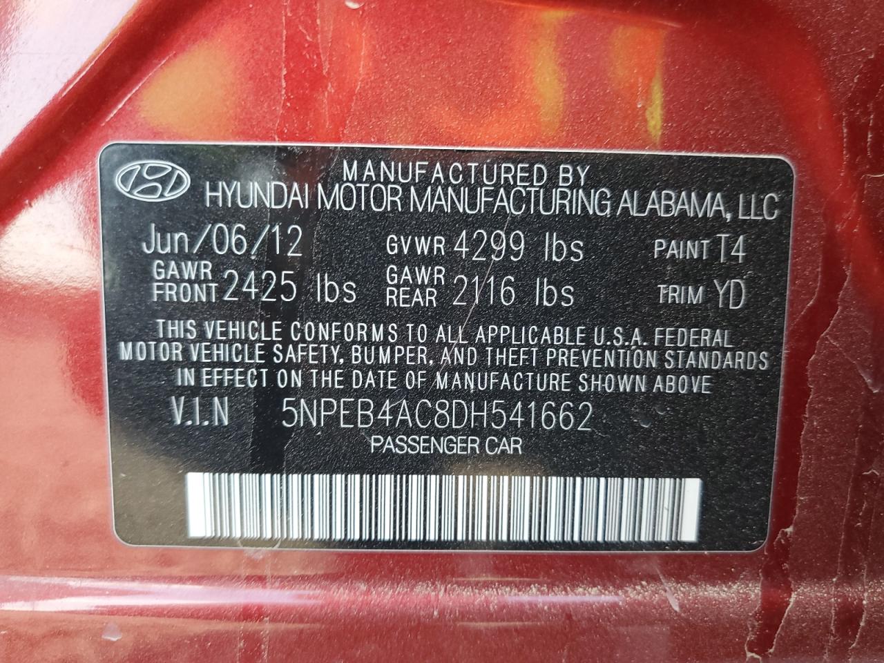 2013 Hyundai Sonata Gls VIN: 5NPEB4AC8DH541662 Lot: 63119844