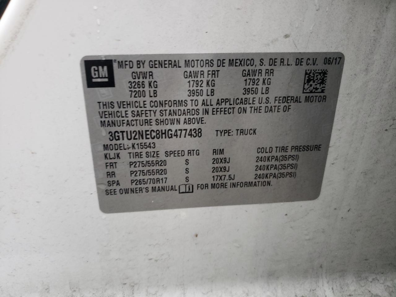 2017 GMC Sierra K1500 Slt VIN: 3GTU2NEC8HG477438 Lot: 63187824