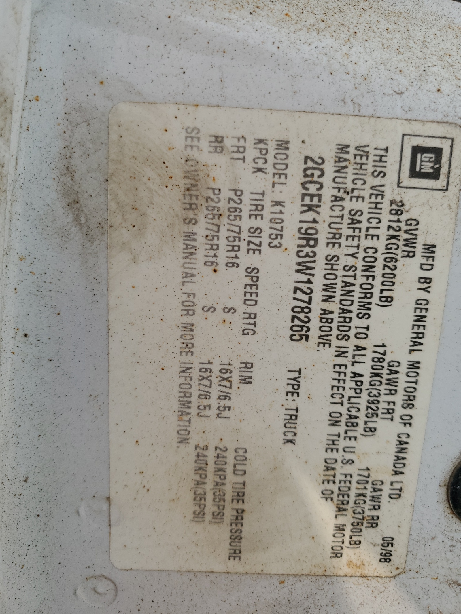 2GCEK19R3W1278265 1998 Chevrolet Gmt-400 K1500