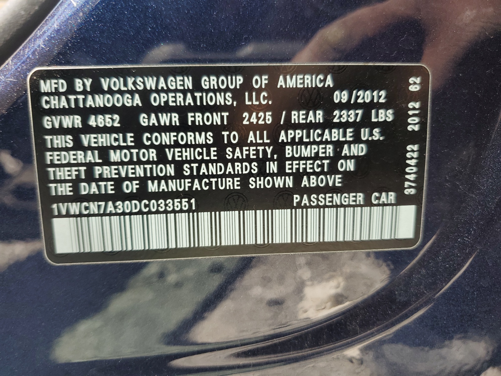 1VWCN7A30DC033551 2013 Volkswagen Passat Sel