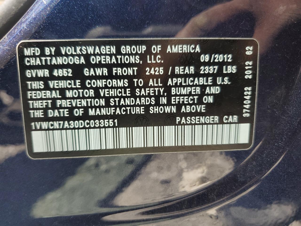 2013 Volkswagen Passat Sel VIN: 1VWCN7A30DC033551 Lot: 58658734