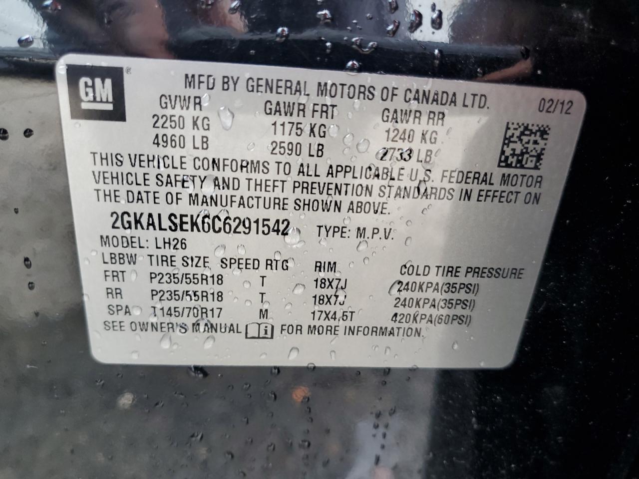 2012 GMC Terrain Sle VIN: 2GKALSEK6C6291542 Lot: 64564134