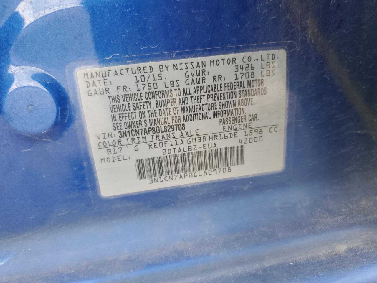 2016 Nissan Versa S VIN: 3N1CN7AP8GL829708 Lot: 63282184