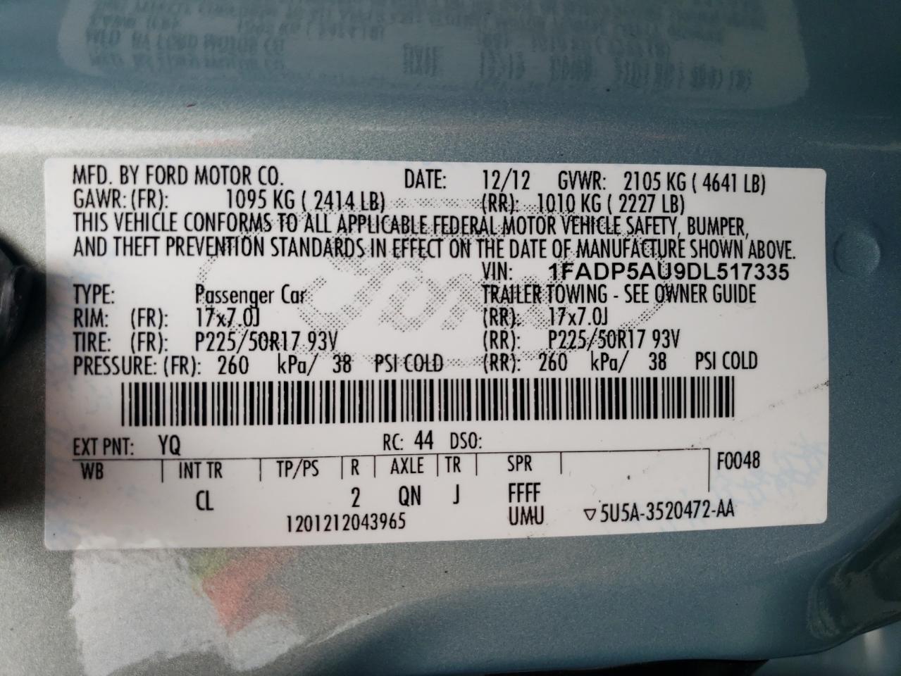 2013 Ford C-Max Se VIN: 1FADP5AU9DL517335 Lot: 64774294