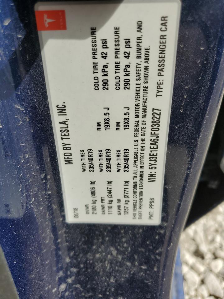 2018 Tesla Model 3 VIN: 5YJ3E1EA6JF038227 Lot: 61701824
