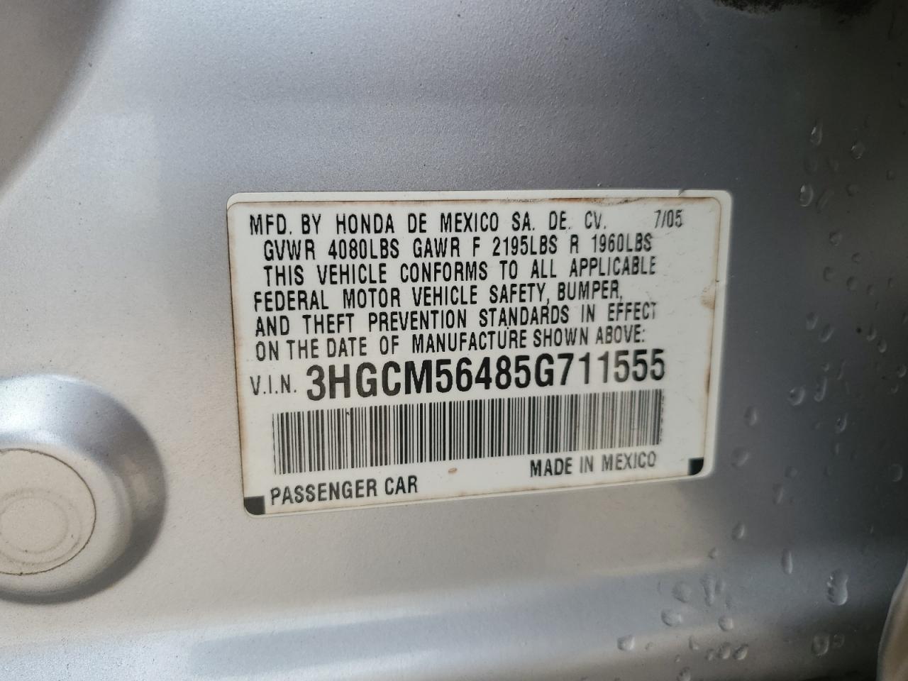 2005 Honda Accord Lx VIN: 3HGCM56485G711555 Lot: 63699804