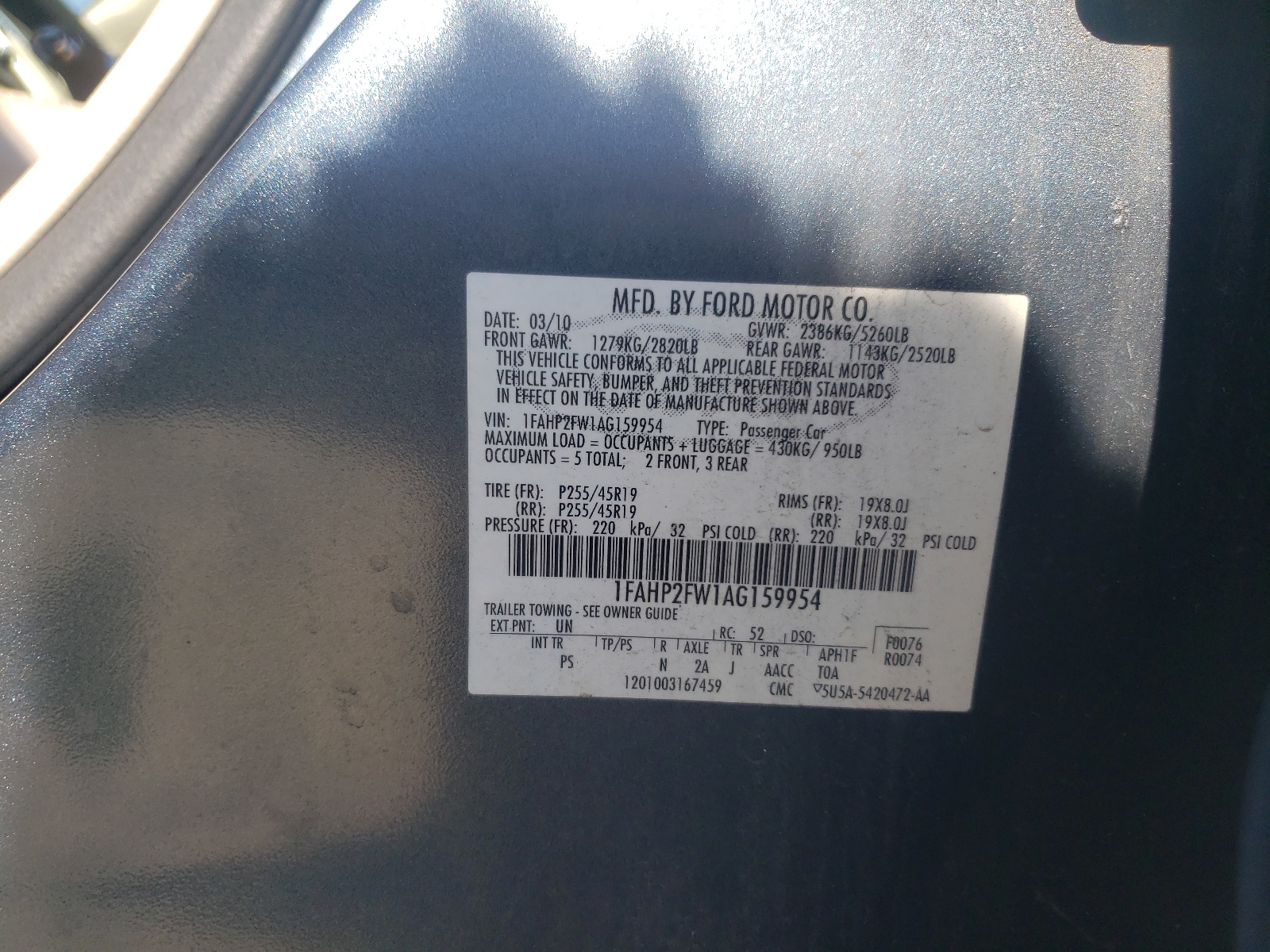 1FAHP2FW1AG159954 2010 Ford Taurus Limited