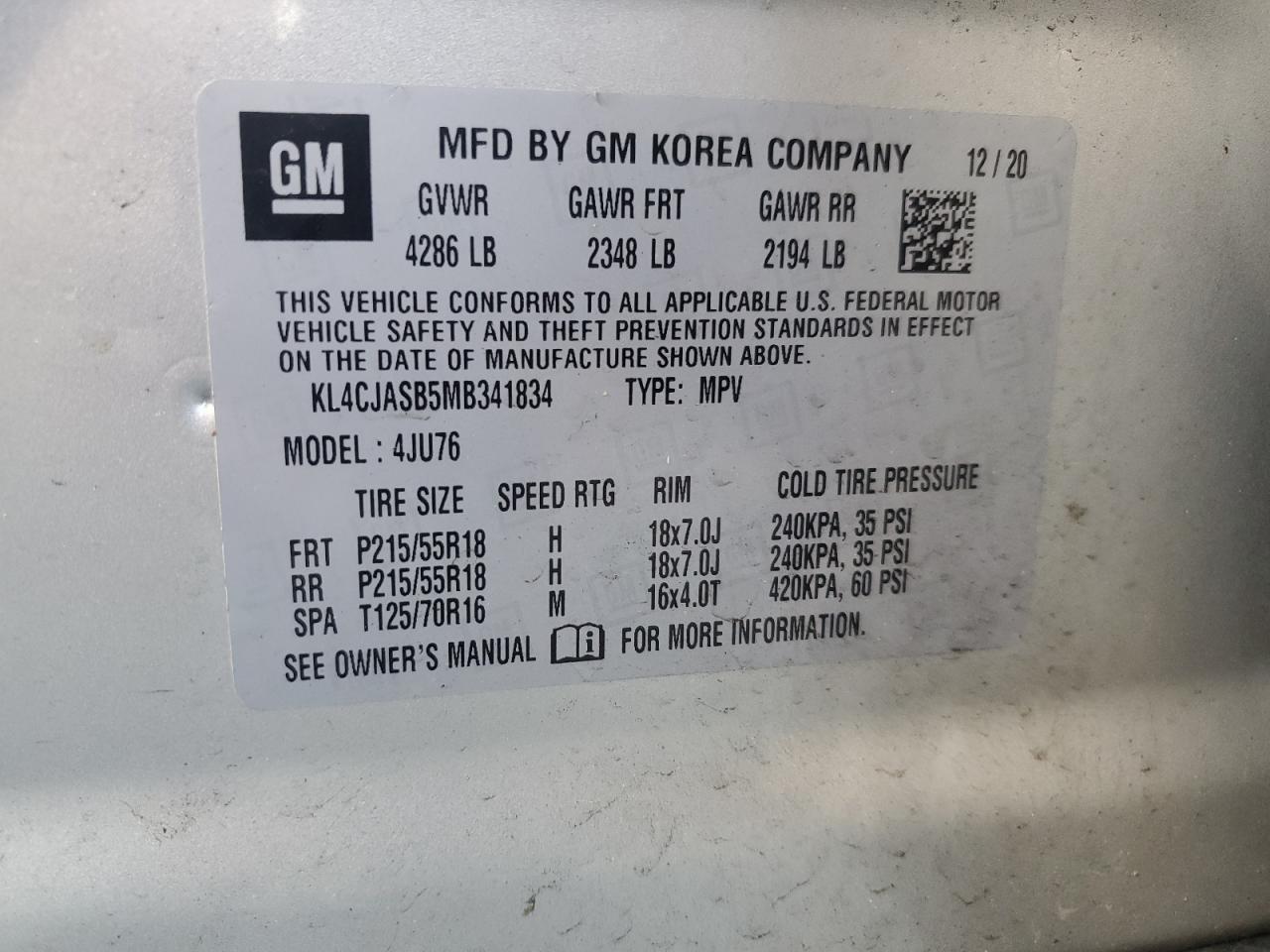 2021 Buick Encore Preferred VIN: KL4CJASB5MB341834 Lot: 64782604