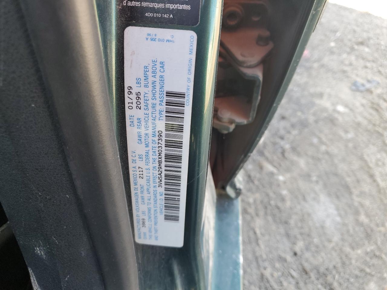 1999 Volkswagen Jetta Gls VIN: 3VWSA29M8XM037390 Lot: 61382764