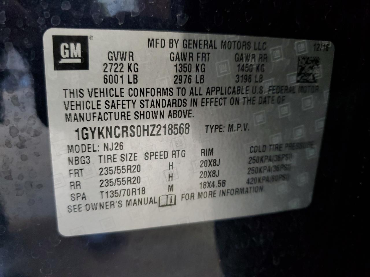 2017 Cadillac Xt5 Premium Luxury VIN: 1GYKNCRS0HZ218568 Lot: 63115214