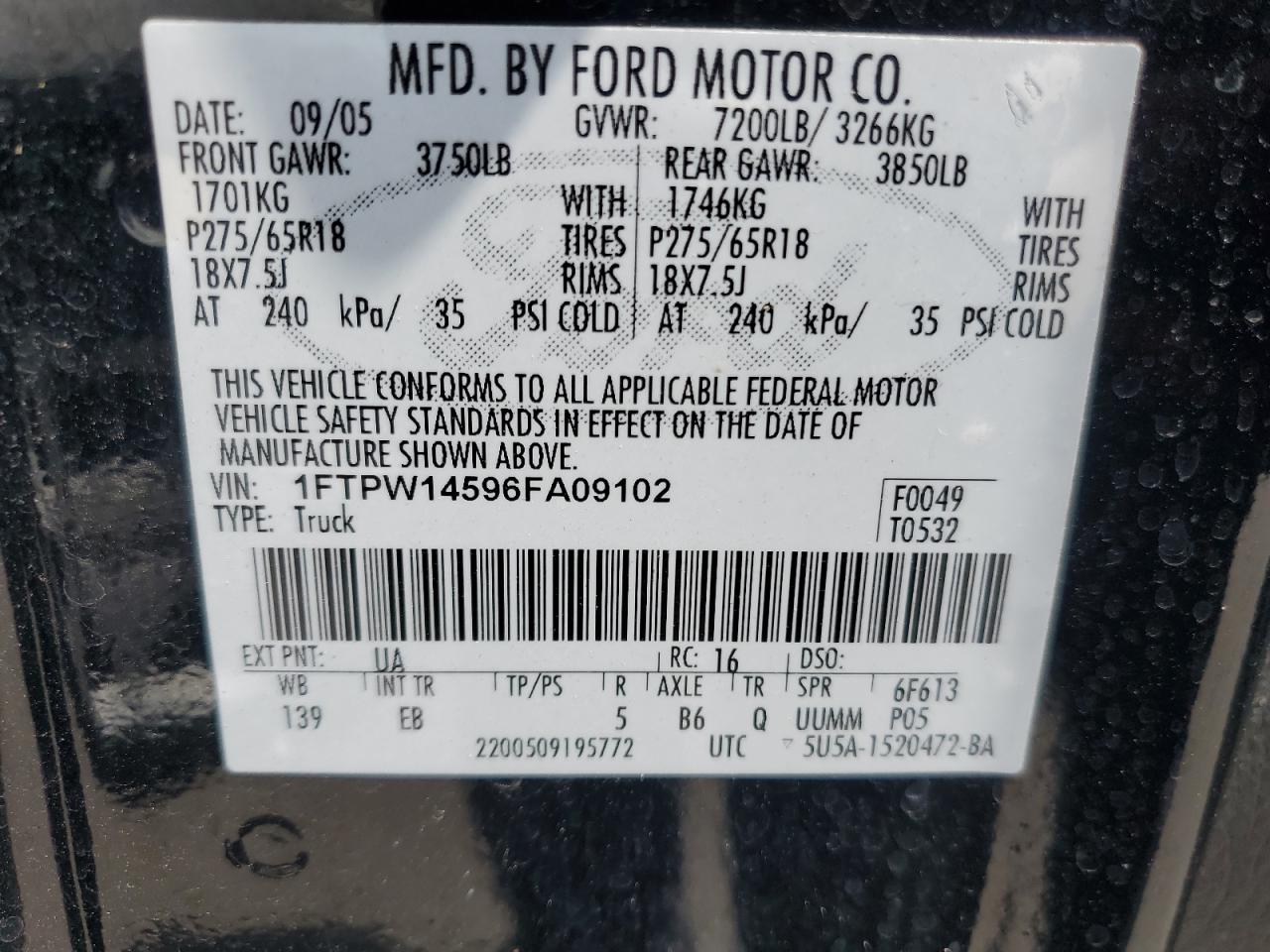 2006 Ford F150 Supercrew VIN: 1FTPW14596FA09102 Lot: 64641704