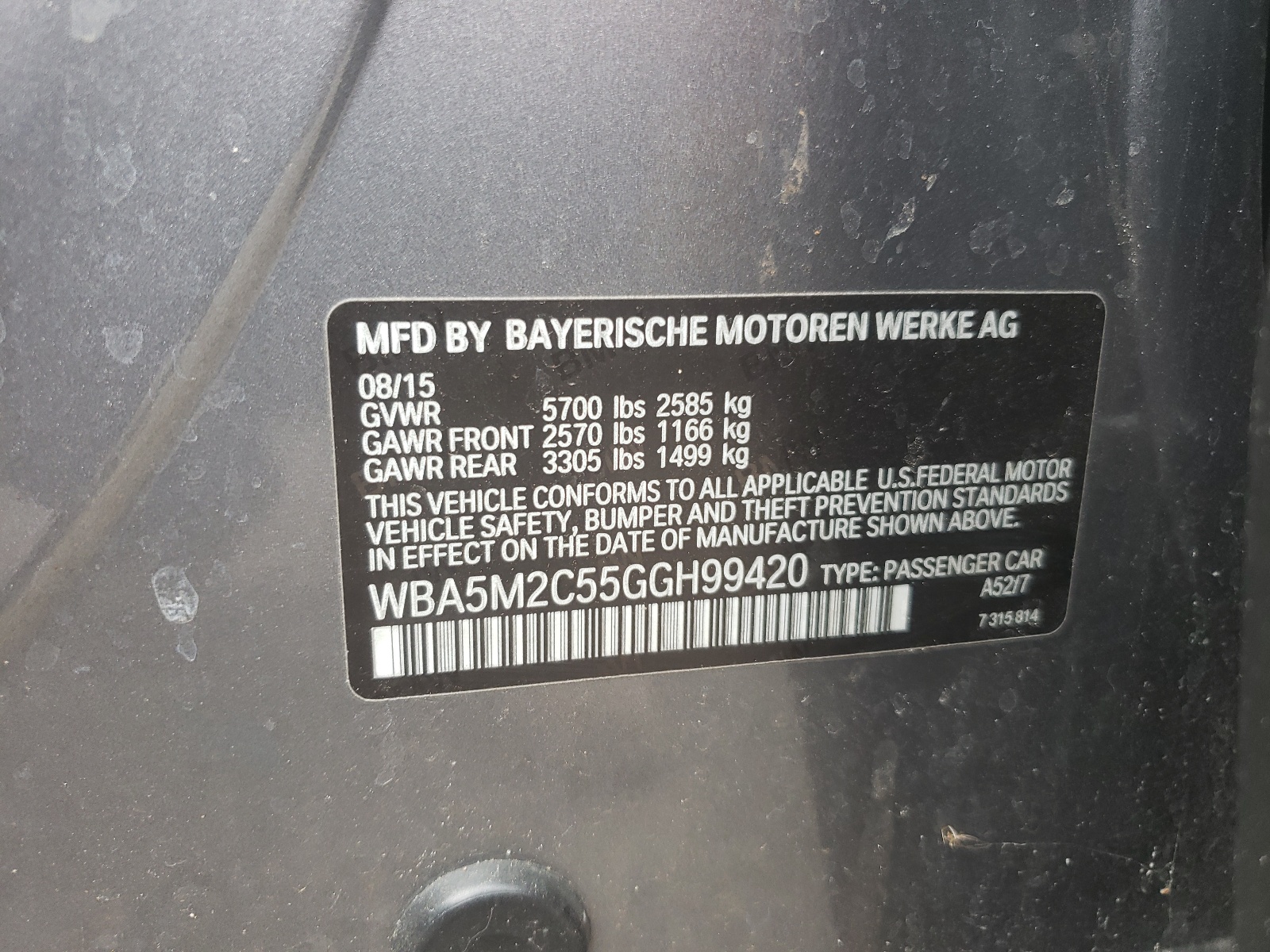 WBA5M2C55GGH99420 2016 BMW 535 Igt