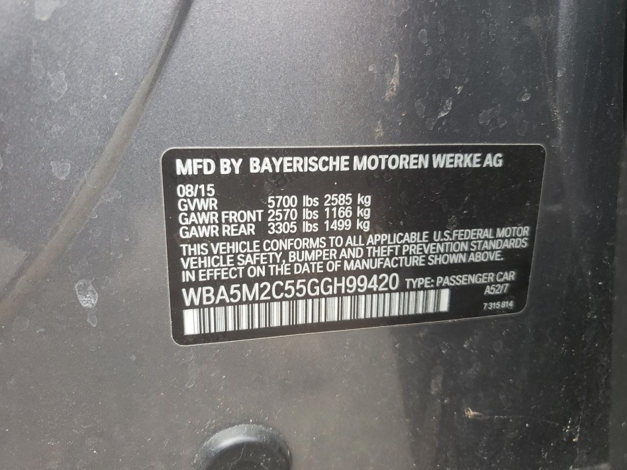 2016 BMW 535 Igt VIN: WBA5M2C55GGH99420 Lot: 61149264