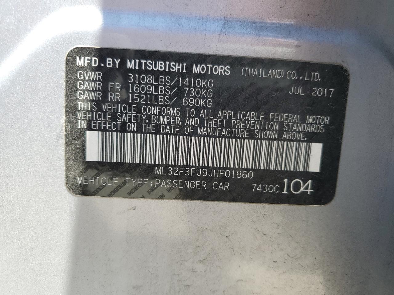 2018 Mitsubishi Mirage G4 Es VIN: ML32F3FJ9JHF01860 Lot: 63702164