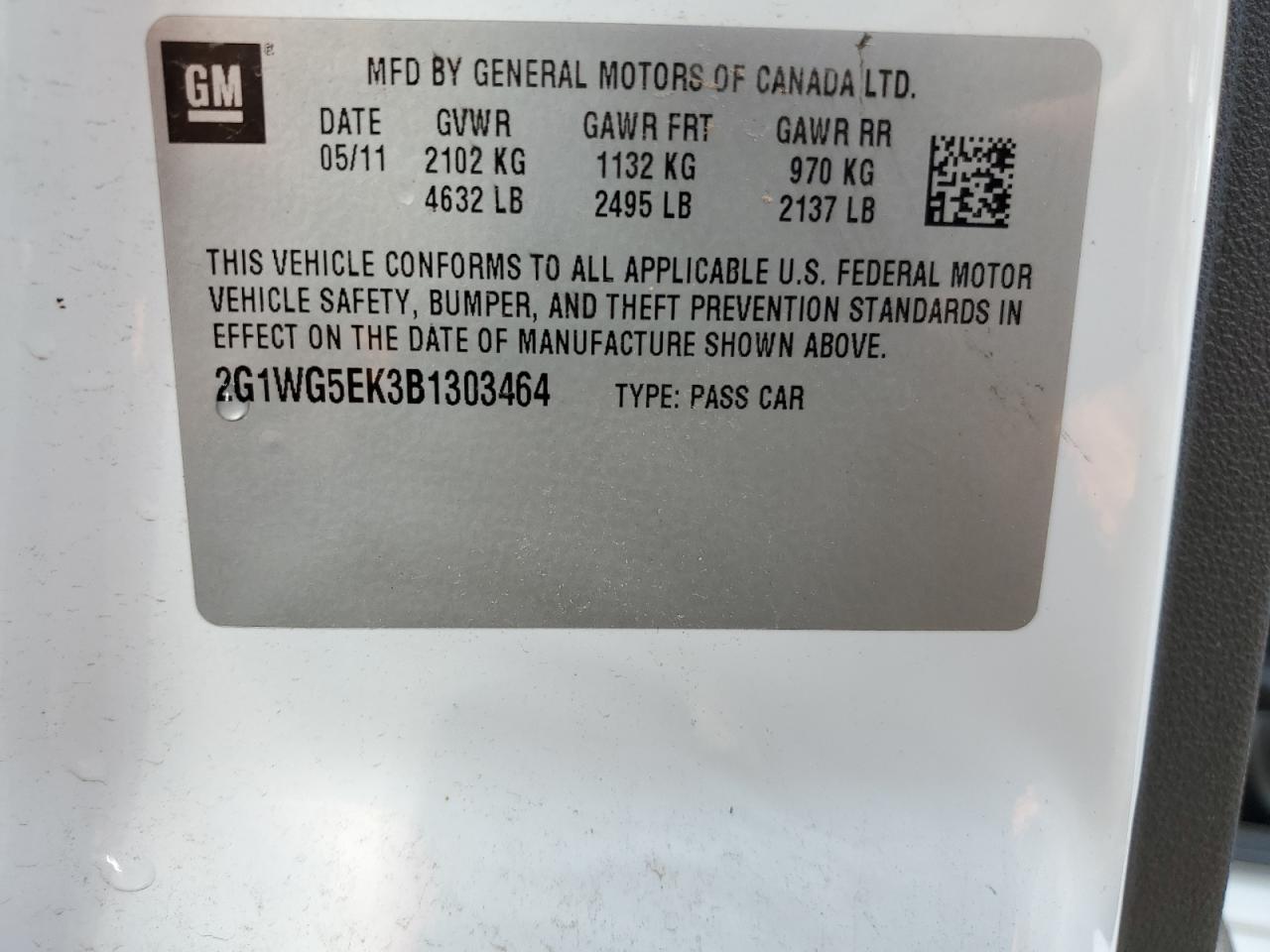 2011 Chevrolet Impala Lt VIN: 2G1WG5EK3B1303464 Lot: 60855374