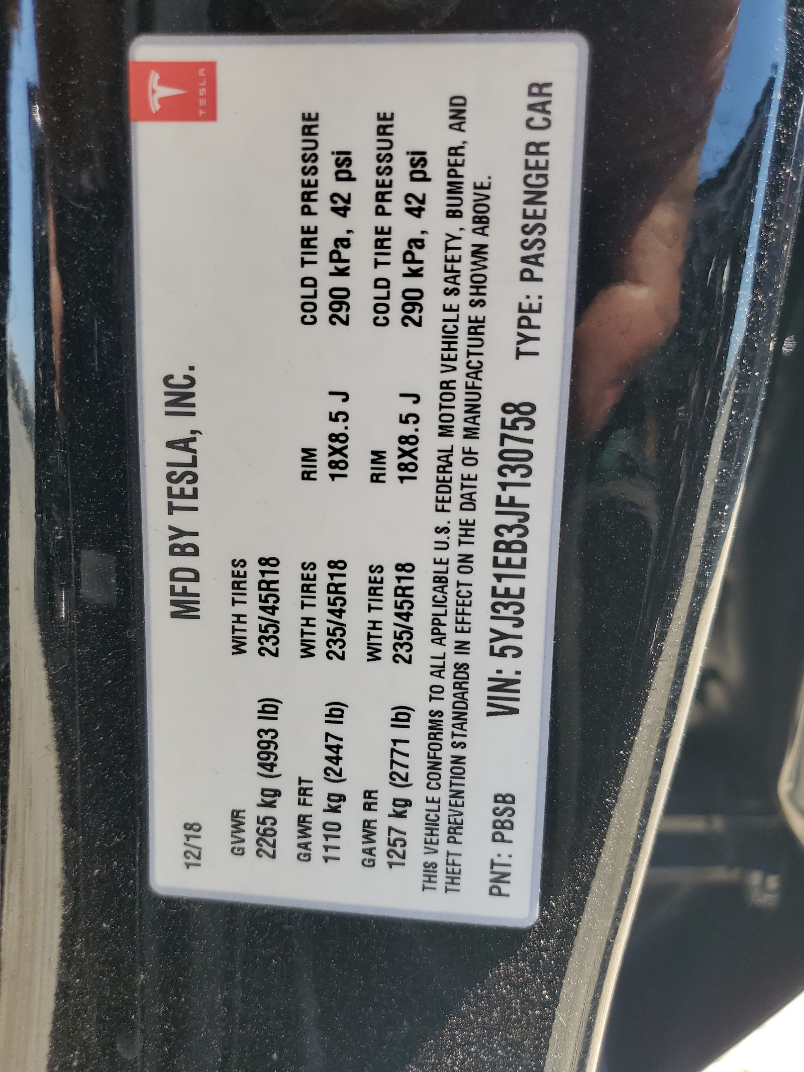 5YJ3E1EB3JF130758 2018 Tesla Model 3