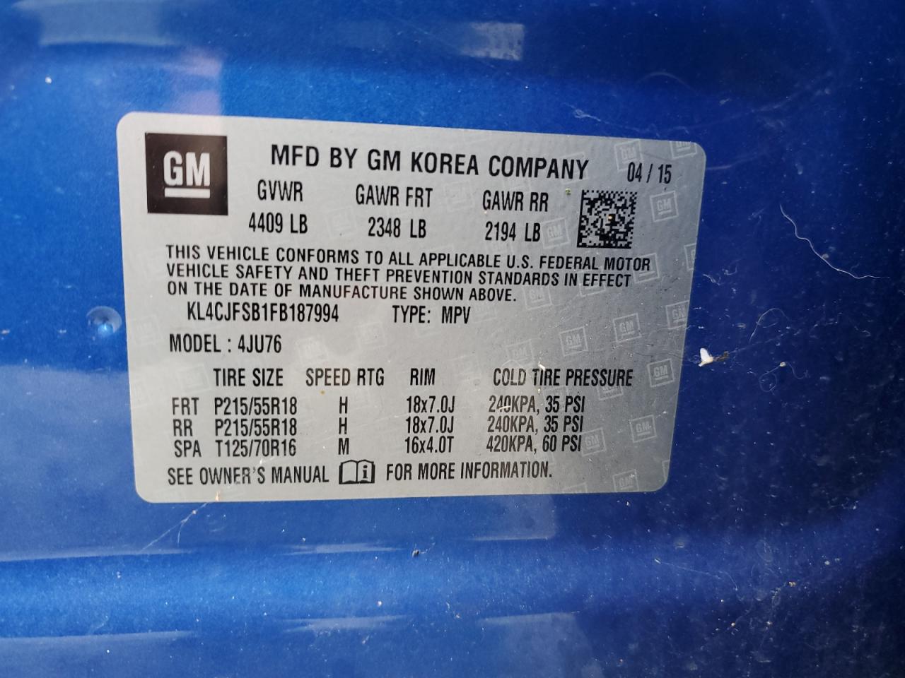 2015 Buick Encore Convenience VIN: KL4CJFSB1FB187994 Lot: 63462464