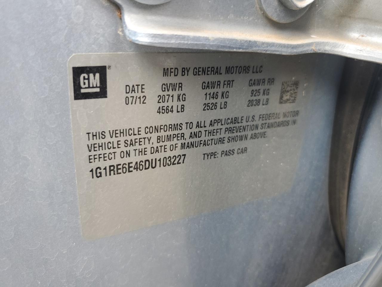 2013 Chevrolet Volt VIN: 1G1RE6E46DU103227 Lot: 64391454