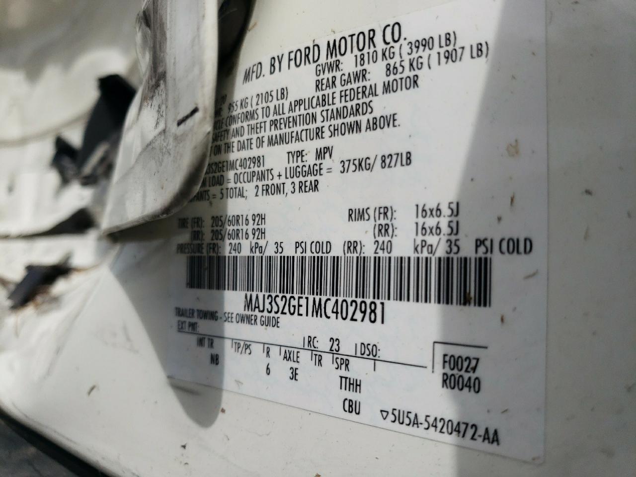 2021 Ford Ecosport Se VIN: MAJ3S2GE1MC402981 Lot: 65554014