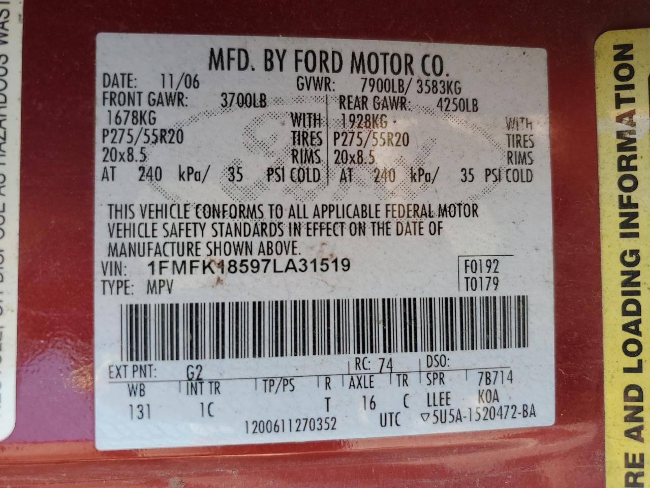 2007 Ford Expedition El Eddie Bauer VIN: 1FMFK18597LA31519 Lot: 63144374