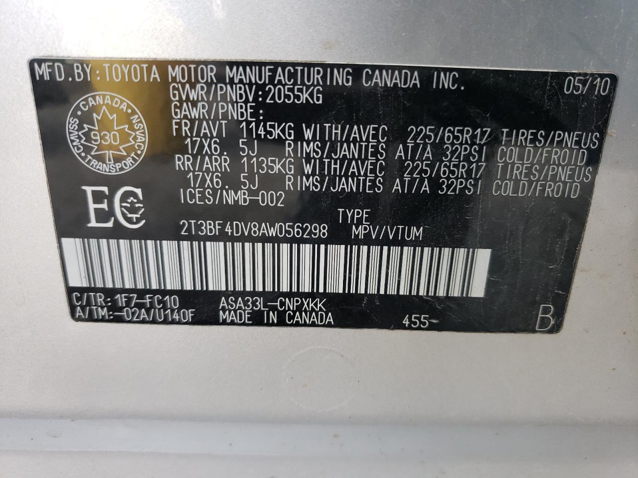 2010 Toyota Rav4 VIN: 2T3BF4DV8AW056298 Lot: 62881874