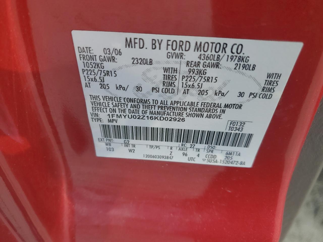 2006 Ford Escape Xls VIN: 1FMYU02Z16KD02926 Lot: 64702674