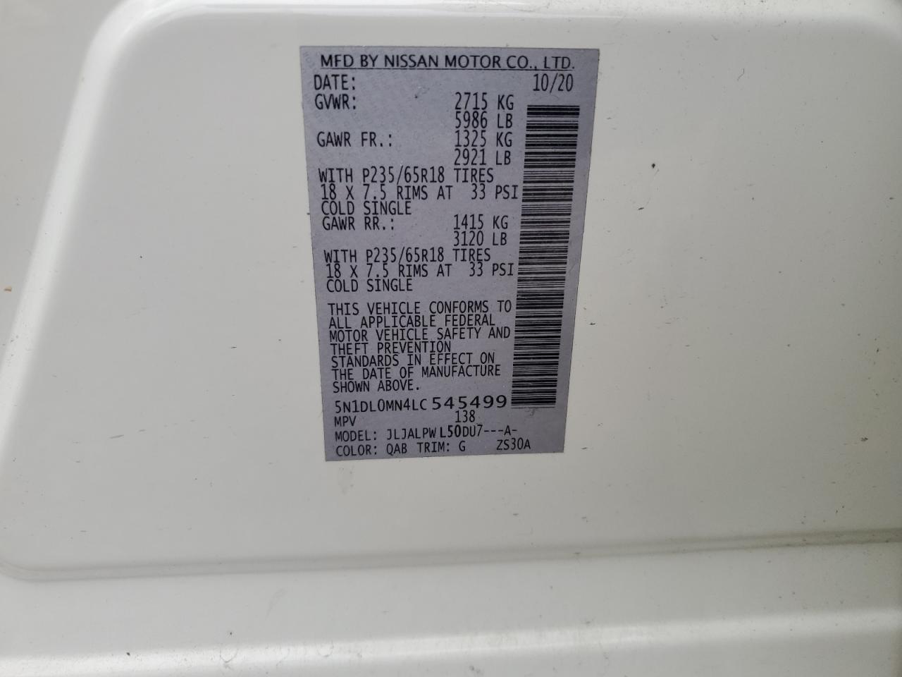 2020 Infiniti Qx60 Luxe VIN: 5N1DL0MN4LC545499 Lot: 63929794