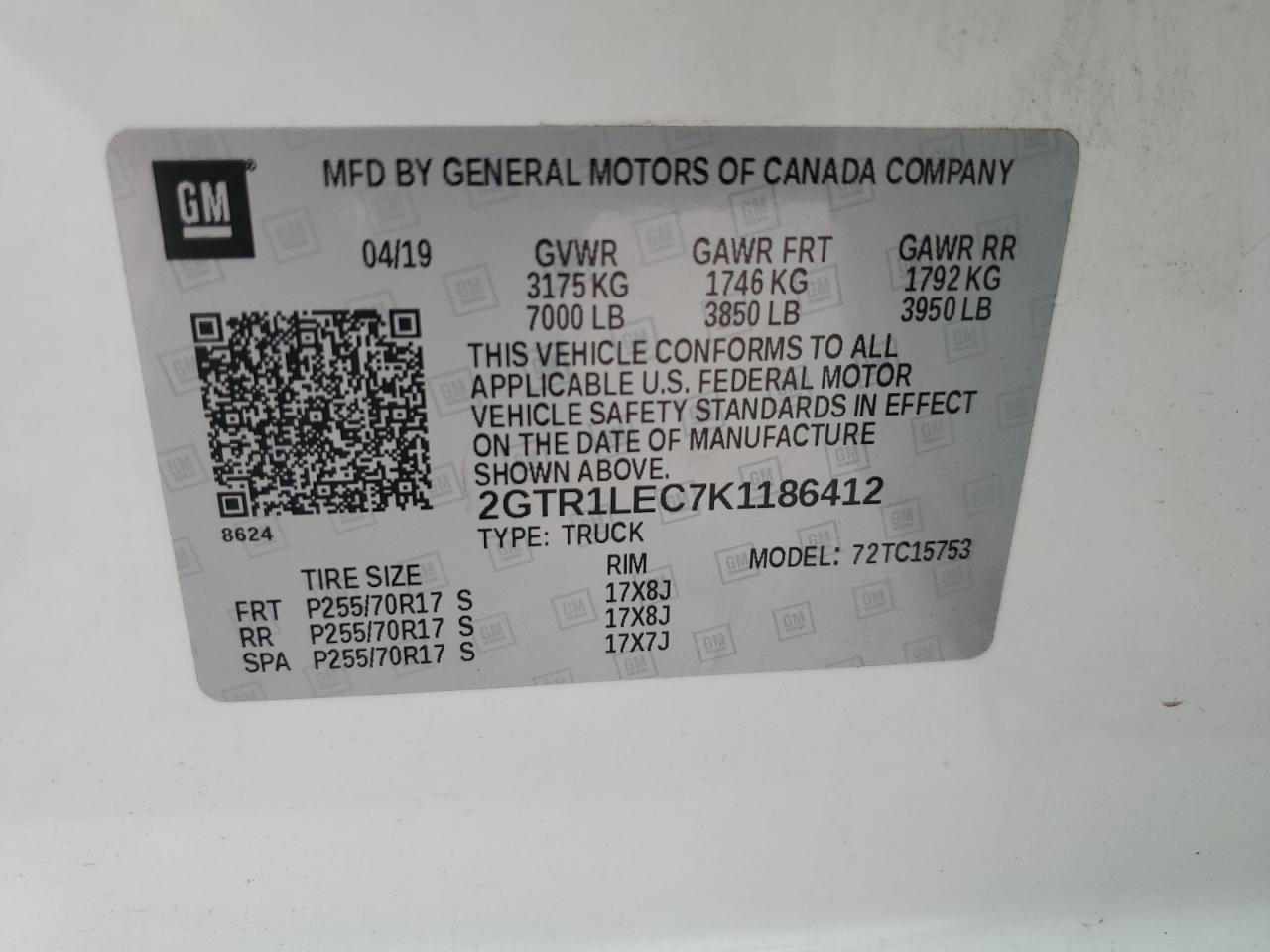 2GTR1LEC7K1186412 2019 GMC Sierra Limited C1500