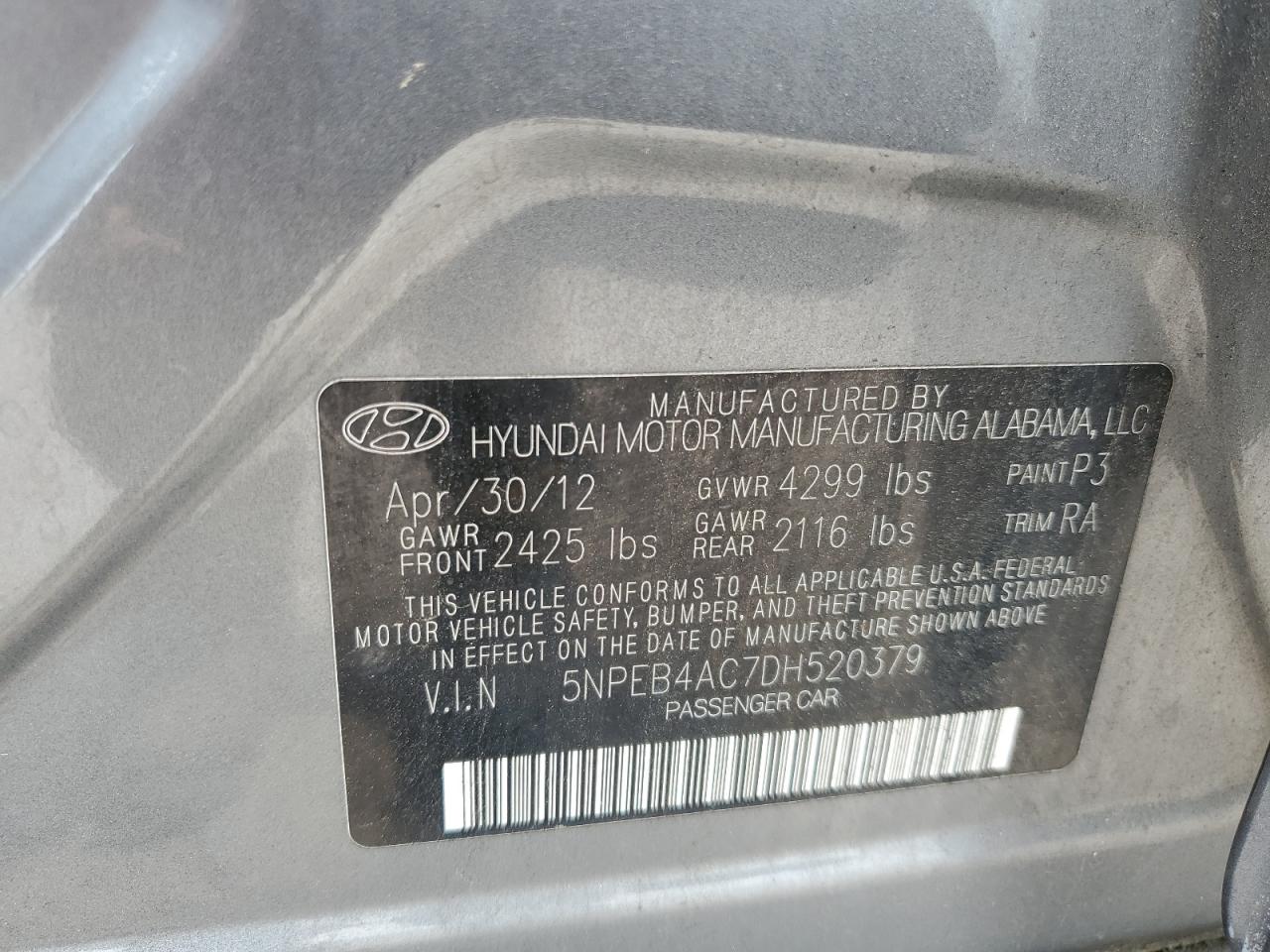 5NPEB4AC7DH520379 2013 Hyundai Sonata Gls